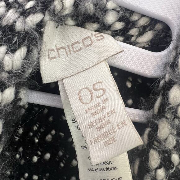 Chico's Jayne Fringe Wool Blend Ruana One Size OS Black White Wrap Pocket Boho - Picture 10 of 16